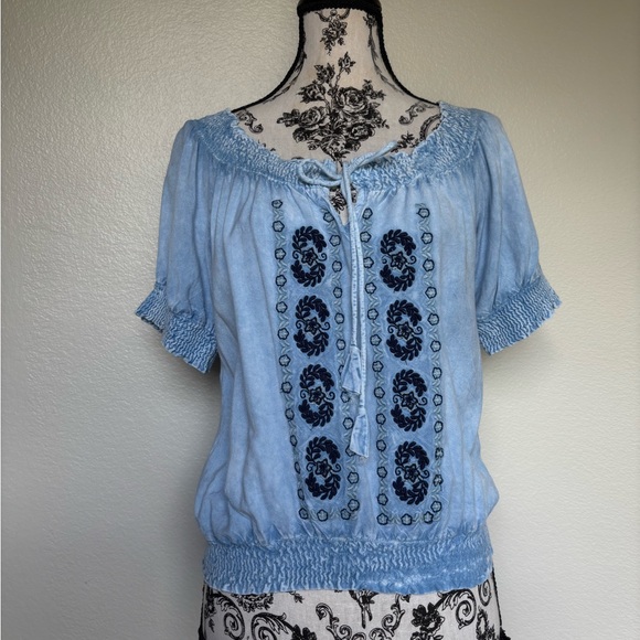 D& KADE Tops - Smocked Light Blue Embroidered Peasant Blouse